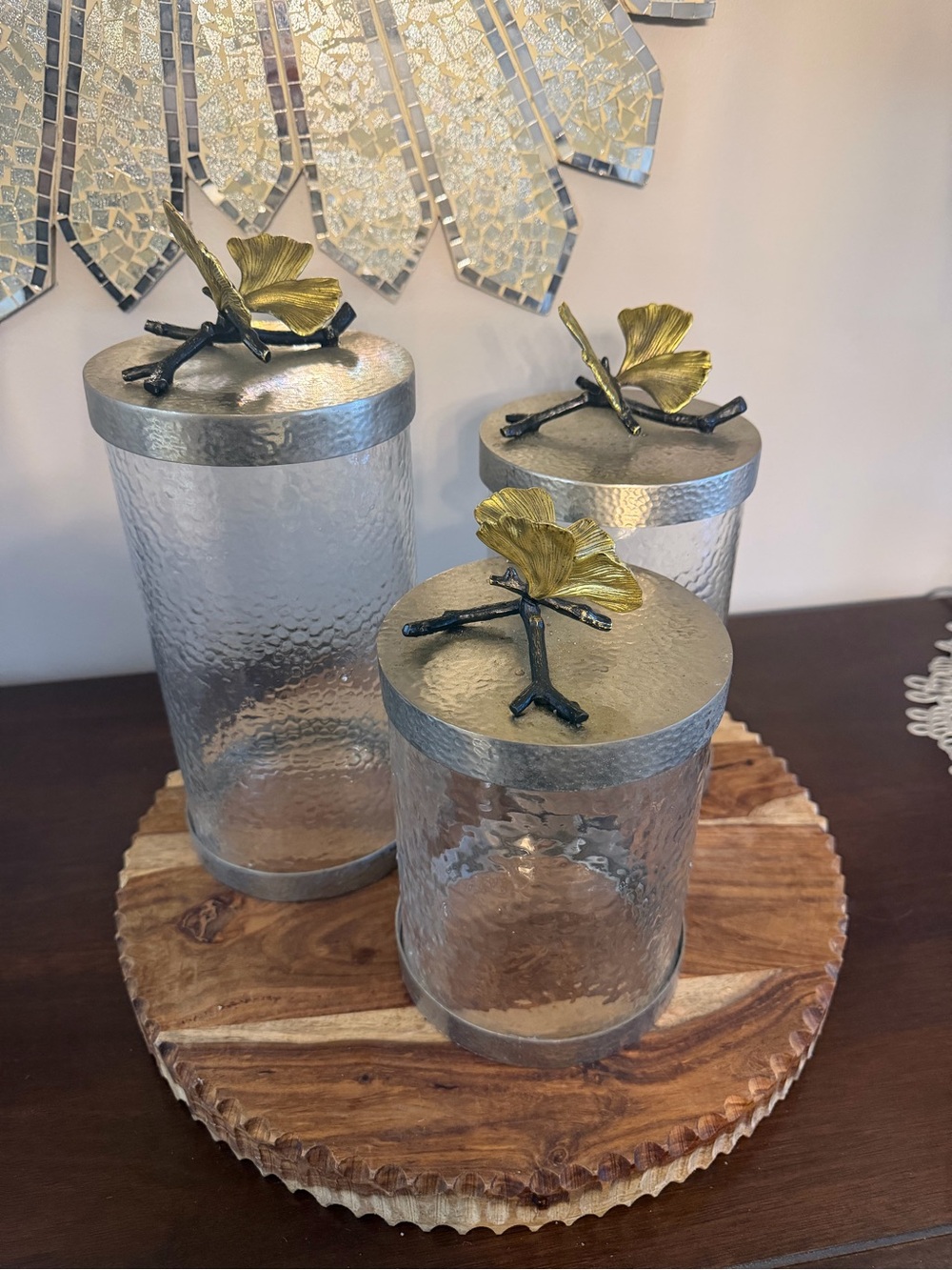Michael Aram Glass Canister Set with Gold Ginkgo Leaf Lids - Home Accents